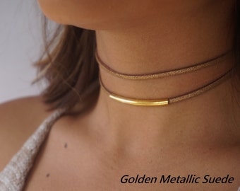 Double Suede Choker, Gold Choker Necklace, Dainty Choker Necklace,Gold Necklace Dainty, Dainty Gold Satellite Chain, Choker Necklace