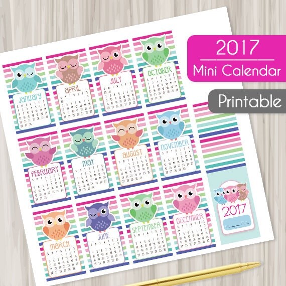 2017 Mini Calendar Planner Printable Owls Pocket Planner