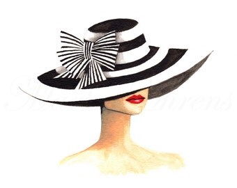 Striped Derby Hat Vintage Inspired Fashion Illustration Print, Giclee Print, Watercolor Art Print, 8X10 Decor