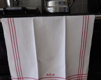 A Vintage Swedish Handwoven Linen Towel Tea Towel Monogrammed "L" Red Stripes
