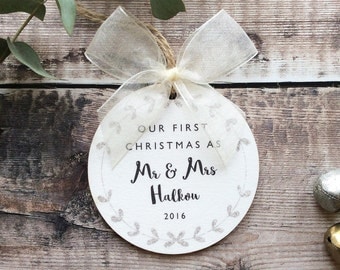 Personalised Our First Christmas as Mr & Mrs bauble silver glitter
