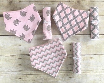 Newborn Girl Gift Set, Pink Baby Shower Gift, Pink Bandana Bibs, Pink Burp Cloths, Pink and Grey Nursery, Pink and Grey Baby Shower
