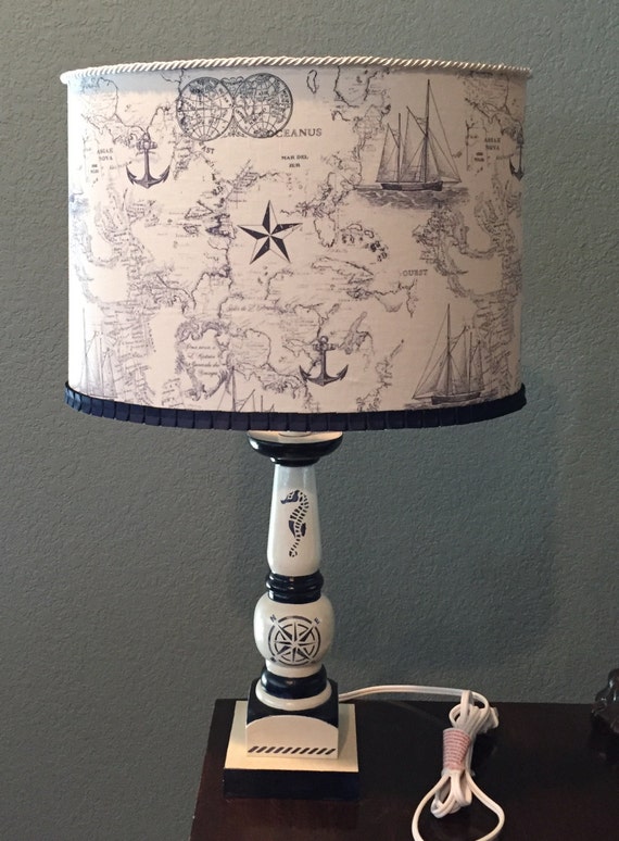 Nautical theme hand painted lamp with handmade fabric