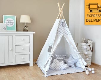 Tipi Set - Kids Play Tent Teepee - Tiny Grey Dots