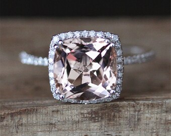3ct Morganite Engagement Ring VS 9mm Cushion Cut Morganite Ring Gmes Ring 14K White Gold Ring Half Eternity Diamonds Ring Anniversary Ring