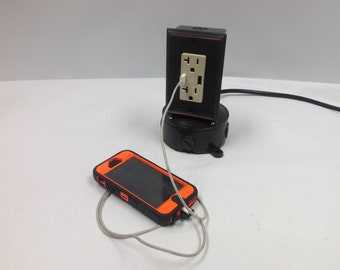 Desk or side table power station: Steam punk inspired USB and duplex plug mounted in weather proof electrical boxes