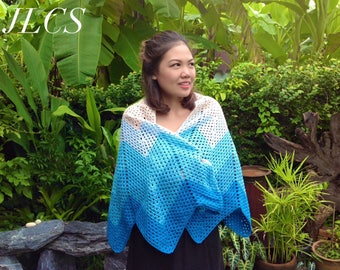 Stunning Handmade Blue and White Zigzag Crochet Shawl, Made to Order Afghan Poncho, wrap, scarf, organic 100 percent soft cotton yarn