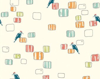 Cute Woodpecker Fabric | Pretty Bird Print | Squares | Birch Organic | White Woodland | Shapes | Red-Headed Woodpecker