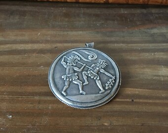 Taxco Mexican Sterling Silver Brooch or Pendant with Warriors in Battle