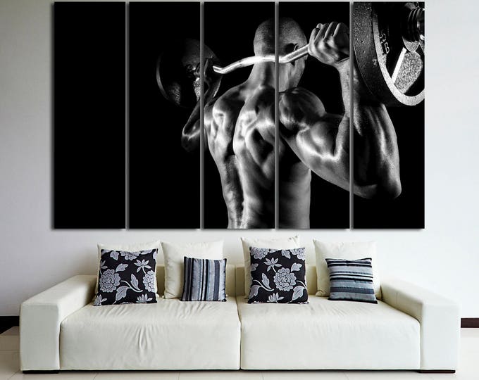 Large black and white gym wall art motivation photography canvas print set of 3 or 5 panels, modern fitness studio wall decor motivation art