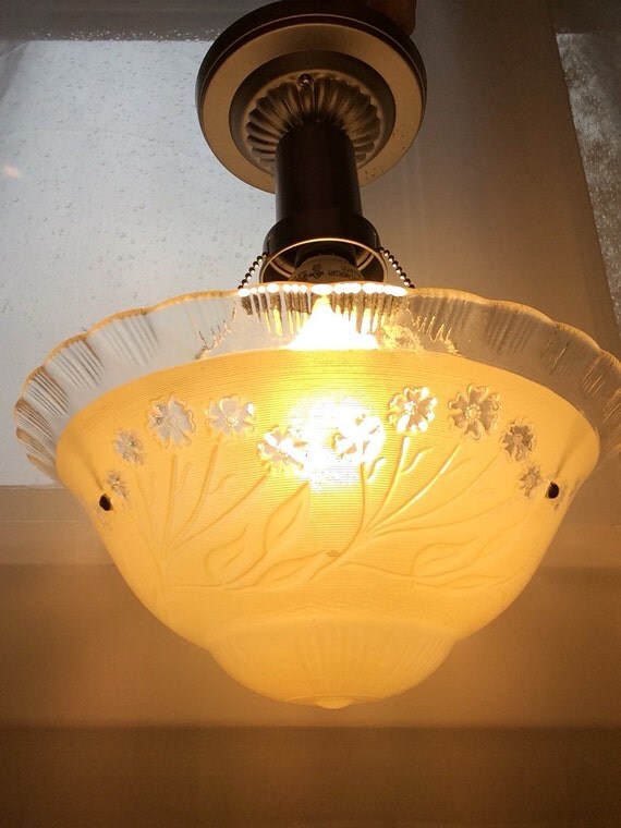 Midcentury Flowered Yellow 3 Chain Light Fixture Vintage Midcentury Flowered Yellow 3 Chain Light Fixture