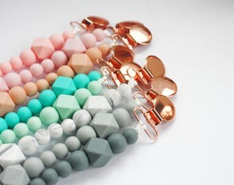 Silicone & Wood THE GOLDEN ROSE Pacifier Baby Teether Holder Clip - Mordedor - Chupetero - Schnullerkette - Attache tétine - Dummy chain
