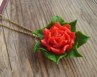 Red rose necklace, cold porcelain flower, floral jewelry, flowers and leaves, clay pendant, small necklace
