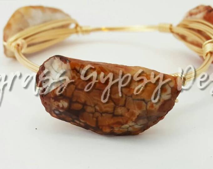 Brown Agate gemstone wire bangle, Bracelet Stone with naturally occuring crystals, Bourbon and Boweties Inspired