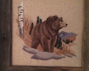 Bear in the woods rustic framed embroidery