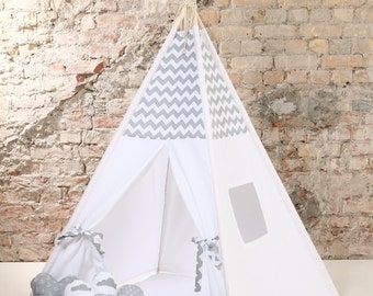 Christmas best gift - white gray chevron Childrens teepee, playtent, tipi, zelt, wigwam, kids teepee, tent, play teepee, wigwam with mat