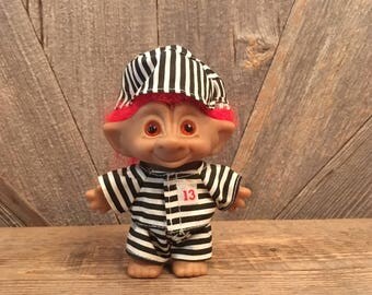 Vintage Troll Doll {Treasure Trolls with Red Hair} Ace Novelty {4.5 inch Troll} Vintage Troll Doll Jewel Belly Prison Jail Prisoner Striped