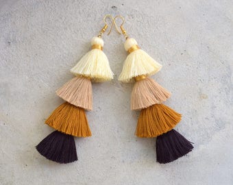 Four Layered Ombre Brown Tassel Earrings