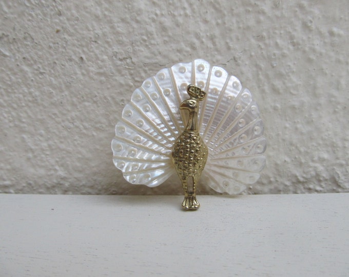 Vintage peacock brooch, peacock pin, gold and mother of pearl ladies costume jewelry, autumn accessory gift for her, gift for mum, teacher