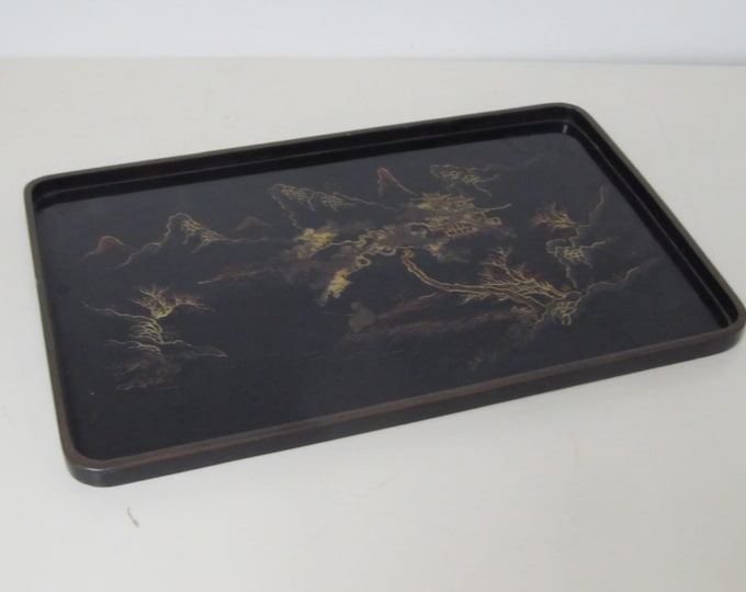 Japanese lacquerware tray, vintage traditional Japanese serving tray with pagodas temples and landscape, antique home decor