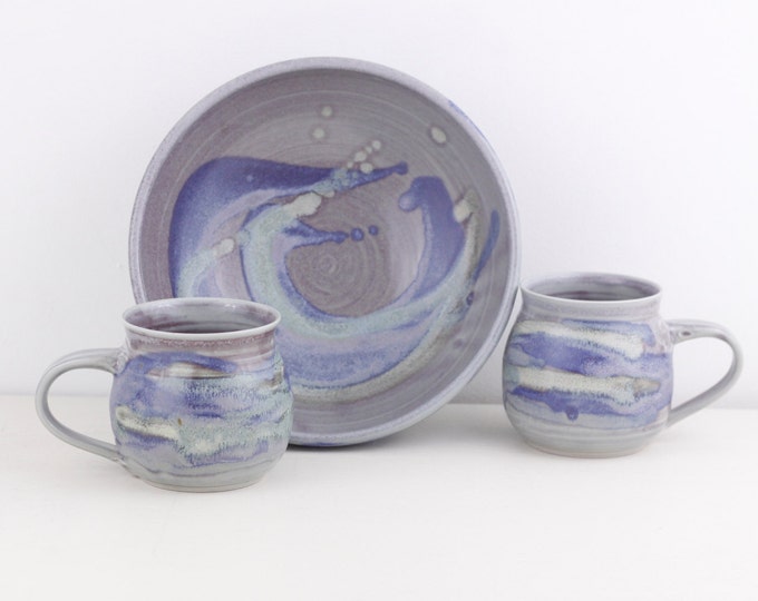 Handmade pottery set, Ocean or Sea coloured vintage pottery bowl and 2 mugs in blue, purple / turquoise, rustic palette stoneware snack set