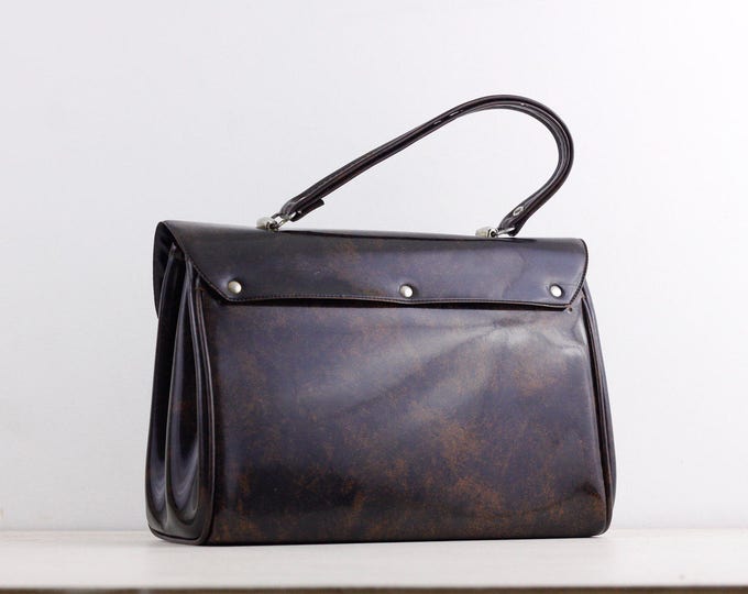 Vintage 1960s handbag, brown marbled vinyl top handle handbag, tortoise faux patent leather bag, vintage fashion ladies purse, gift for her