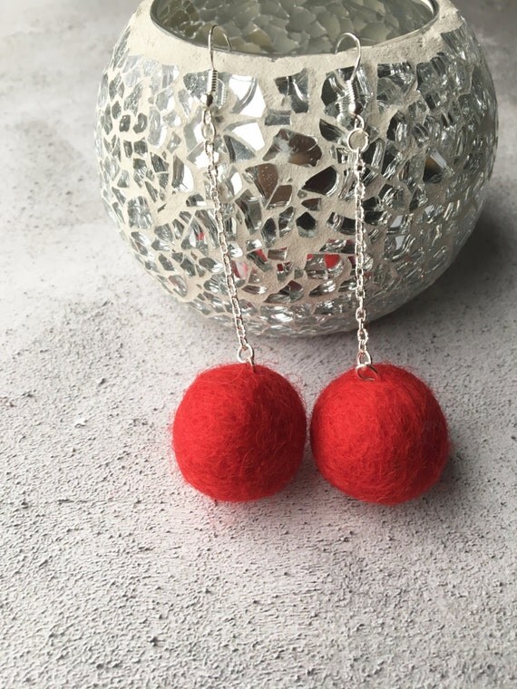 Felt Ball Earrings Red earrings Sterling silver Pompom