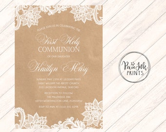 Lace & Kraft Communion Invitation, Lace 1st Communion Invitation, Kraft Communion Invitation, Kraft Paper Lace Printable, Lace Invite