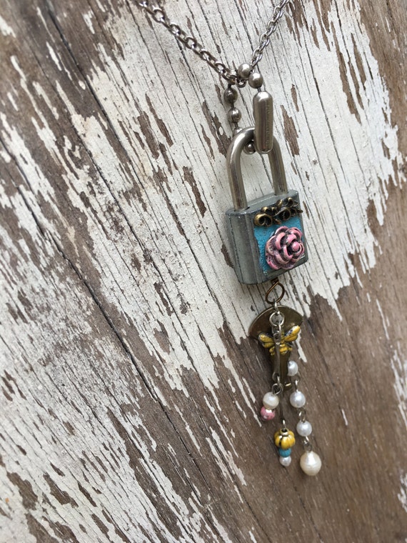 Small Padlock Necklace /w Key & Painted Charms Filigree and