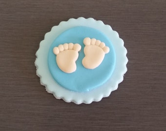 6 x Baby Shower Cupcake Toppers - Blue Edible Feet