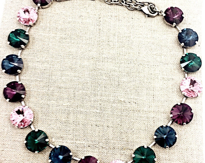 Bridal, wedding day, custom collar Swarovski crystal rivoli necklace made to order in rose gold or antique silver 23 stone 14mm.