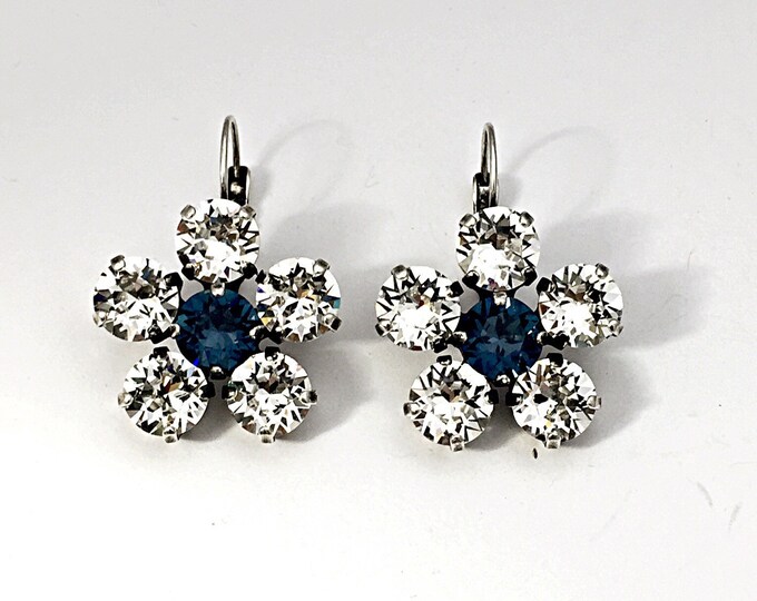 Sapphire Flower Swarovski® crystal floral design drop dangle lever back earring clear crystal and blue sapphire center. Gift for her!