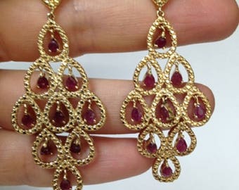 Chandelier Earrings, Vintage Style Earrings, Chandelier Ruby Earrings, Yellow Gold Plated Chandelier Earrings, Sterling Silver Earrings,