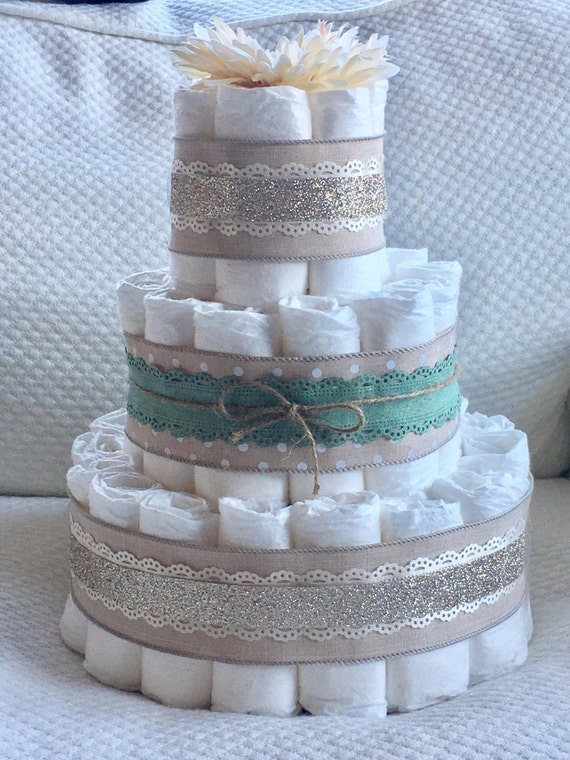 3 Tier Diaper Cake Unisex Diaper Cake Gold Turquoise