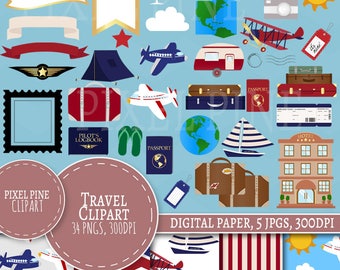 Travel Clipart Set, 35 PNGs, 5 Travel the world Digital Paper JPGs, Commercial Use, Aeroplane clip art, suitcase clipart, travel clipart set