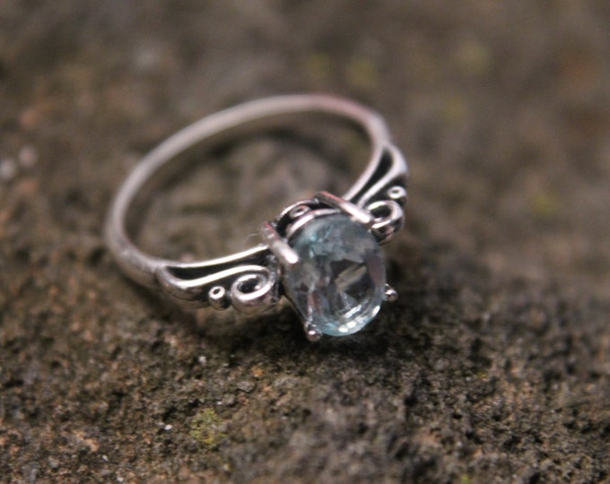 Sterling Silver Aqua Marine Scroll Ring, 8x6mm Blue Gemstone Ring Size 7, March Birthstone, Birthday or Valentine's Day Gift for Her