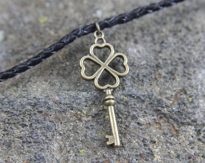 Shamrock Key Necklace, Clover Leaf Pendant, St. Patrick's Day Charm, Party Gift for Her, Comes on Green Ribbon Black Leather or Silky Cord
