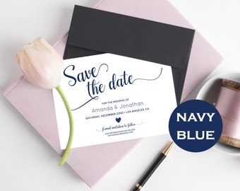 Navy Blue & white Wedding Save the Date Template - Save the Date Printable - Wedding Printable - Calligraphy - Downloadable wedding #WDH0269