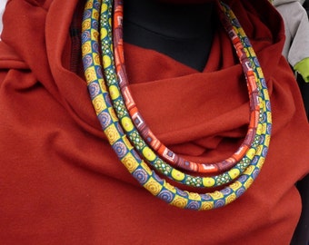 African Necklace; African Print; Multistrand Necklace; African Jewelry; Ankara Necklace, Rope Neckwear; Yellow fabric necklace; Cadeau; Gift