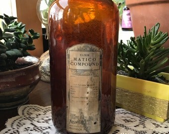 Antique Apothecary bottle, Vintage Pharmacy bottle, Brown Glass Bottle
