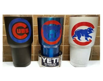 YETI - Authentic - Chicago Cubs Yeti Cup Mug 30 oz Rambler Tumbler Chicago Cubbies yeti 30oz Powder Coated Wrigley Field Gift Large painted