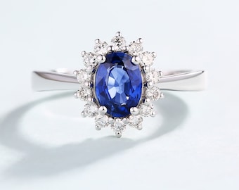 Oval Sapphire Engagement Ring White Gold Halo set diamonds Cluster Flower Solitaire September Birthstone Jewelry cocktail Ring Gift for her