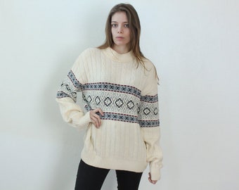 Vintage Norwegian Cable Knit Sweater // 80s Nordic Striped Snowflake Oversized Pullover - Extra Large xl