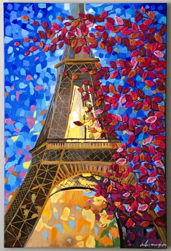 Mixed media artwork Eiffel Tower painting on canvasacrylic