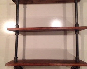 Three Tier Industrial Pipe / 8" Deep Wood Shelf Bathroom Kitchen Shelves Shelving Custom Stain