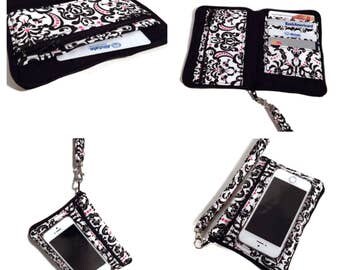 Cell Phone Wallet, Damask iPhone Wallet Wristlet, Black & Pink iPhone Case, iPhone Zipper Wallet, Samsung Galaxy Note Case, iPhone 6s case