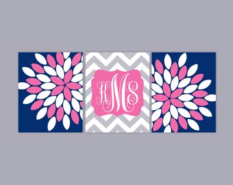 Girl Pink Navy Nursery Wall Decor with Monogram on Chevron