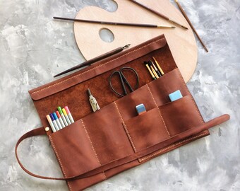 leather roll, artist roll, leather pencil roll, leather pencil case, leather tool roll case, paint brush holder, craft tool roll,Pencil Wrap