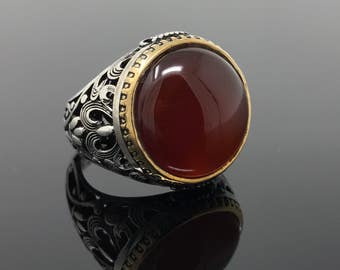 Well Handcrafted 925K Sterling Silver Red Agate (Aqeeq) Men's Ring -USA- I1L Gift for Him