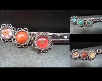 3 hair clips, Barrettes, Cabochon, glass pendants, silver, colorful